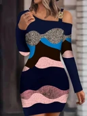 Kadın Uzun Kollu Tek Omuzu Askı Toka Detaylı Kısa Dalgıç Elbise thumbnail 3