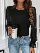 Kadın Uzun Kollu Bisiklet Yaka Tül Detaylı Incili Ithal Krep Bluz thumbnail 3