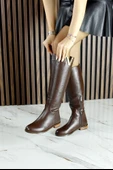 Erkan Saçmacı Kahverengi Hakiki Dana Derisi Metal Aksesuarlı Fermuarlı Yuvarlak Burun Kalın Topuklu Çizme - 3