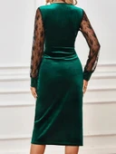 Kadın Uzun Kollu Kruvaze Yakalı Yandan Düğmeli önden çapraz Kesin Detaylı Midi Kadife Elbise thumbnail 3