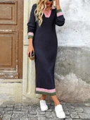 Kadın Uzun Kollu Yakalı çok Renkli Triko Uzun Elbise thumbnail 3