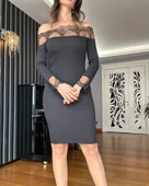 Kadın Uzun Kollu Dantel Detay Madonna Yaka Prenses Elbise thumbnail 3