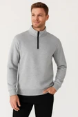Erkek Dik Yaka Sweatshirt Dik Yaka Yarım Fermuarlı 3 İplik Şardonlu Pamuk Kumaş - Gri thumbnail 3