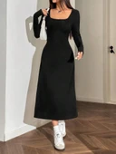 Kadın Uzun Kollu Kare Yaka Midi Kaşkorse Elbise thumbnail 7