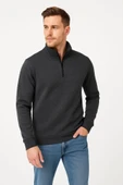 Erkek Dik Yaka Sweatshirt Dik Yaka Yarım Fermuarlı 3 İplik Şardonlu Pamuk Kumaş - Antrasit thumbnail 2