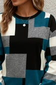 Kadın Uzun Kollu Bisiklet Yaka Renkli Blok Baskı Dalgıç Bluz thumbnail 2