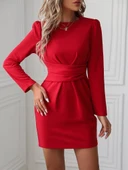 Kadın Uzun Kollu Bisiklet Yaka Bel Kemer Detay Ithal Krep Elbise thumbnail 1