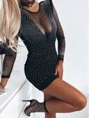 Kadın Uzun Kollu Yuvarlak Yaka Dekolteli Taşlı Dalgıç Elbise thumbnail 2