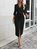 Kadın Uzun Kollu önden Düğmeli Beli Kuşaklı Aerobin Midi Elbise thumbnail 5