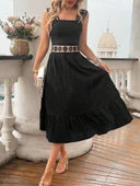 Kadın Askılı Ve Beli Dantel Detaylı Fırfırlı Uzun Bürümcük Elbise thumbnail 7