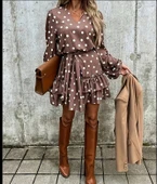 Kadın Uzun Kollu V Yakalı Belden Kuşaklı Puantiyeli Mini Modal Elbise thumbnail 4