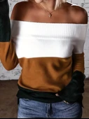 Kadın Uzun Kollu Omuzlardan Açık Uzun Kollu Blok çizgili Triko Bluz thumbnail 1