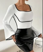 Kadın U Yaka Siyah şerit Detyalı Yarasa Kol Dalgıç Kumaş Arabiyeli Bluz thumbnail 5