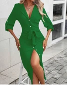 Kadın Uzun Kollu önden Düğmeli Beli Kuşaklı Aerobin Midi Elbise thumbnail 2