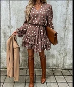 Kadın Uzun Kollu V Yakalı Belden Kuşaklı Puantiyeli Mini Modal Elbise thumbnail 1