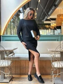 Kadın Uzun Kollu Düşük Omuz Yırtmaç Detay Kaşkorse Etek Bluz Ikili Takım thumbnail 4