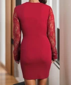 Kadın Uzun Kollu Kruvaze Yaka Beli Düğme Detay Krep Elbise thumbnail 5