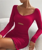 Kadın Uzun Kollu Derin V Yaka Göğüs Altı Dekolte Detay Etek Ucu Fırfırlı Sandy Mini Boy Elbise thumbnail 1