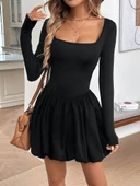 Kadın Uzun Kollu Kare Yaka Mini Balon Modal Elbise thumbnail 1