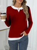 Kadın Uzun Kollu V Yakalı çift Renkli Viskon Iki Iplik Bluz thumbnail 7