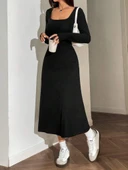 Kadın Uzun Kollu Kare Yaka Midi Kaşkorse Elbise thumbnail 5