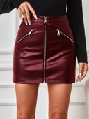 Kadın Yüksek Bel Fermuarlı Mini Deri Etek thumbnail 3
