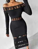 Kadın Uzun Kollu Madonna Dantel Yaka Yırtmaçlı Midi Dalgıç Elbise thumbnail 1