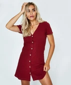 Kadın Kısa Kollu V Yaka önü Düğmeli Viskon Elbise thumbnail 7