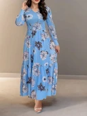 Kadın Uzun Kollu V Yakalı çiçek Desenli Maxi Süprem Elbise thumbnail 3
