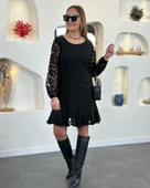 Kadın Uzun Kollu Yuvarlak Yaka Kol Ve Etek Ucu Dantelli Kısa Ithal Krep Elbise thumbnail 2