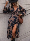 Kadın Uzun Kollu Kruvaze Yakalı Yandan Bağlamalı Desenli Mini Modal Elbise thumbnail 1
