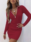 Kadın Uzun Kollu önden Fermuarlı Mini Kaşkorse Elbise thumbnail 3