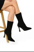 Erkan Saçmacı Nell Siyah Süet Taşlı Sivri Burun Fermuarlı İnce Topuklu Abiye Yarım Çizme - 1