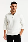 Erkek Dik Yaka Sweatshirt Dik Yaka Yarım Fermuarlı 3 İplik Şardonlu Pamuk Kumaş - Beyaz thumbnail 3