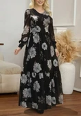 Kadın Uzun Kollu V Yakalı çiçek Desenli Maxi Süprem Elbise thumbnail 7