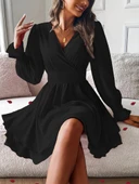 Kadın Uzun Kollu Kruvaze Yakalı Mini Sandy Elbise thumbnail 1