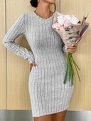 Kadın Uzun Kollu Bisiklet Yaka şardonlu Kalın Fitilli Kaşkorse Mini Boy Elbise thumbnail 2