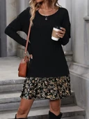 Kadın Uzun Kollu Bisiklet Yaka şardonlu Kaşkorse Bluz Ve Süprem Etek Elbise thumbnail 2