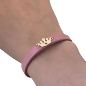 14 Ayar Altın Plakalı Harfe Özel Doğal Koyu Pembe Derili Taç Motifli Hediye Bileklik-624 thumbnail 3