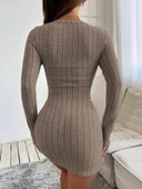 Kadın Uzun Kollu Bisiklet Yaka şardonlu Kalın Fitilli Kaşkorse Mini Boy Elbise thumbnail 2