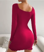 Kadın Uzun Kollu Derin V Yaka Göğüs Altı Dekolte Detay Etek Ucu Fırfırlı Sandy Mini Boy Elbise thumbnail 2