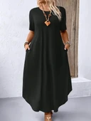 Kadın Kısa Kollu Bisiklet Yaka Cepli Salaş Viskon Elbise thumbnail 2