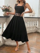 Kadın Askılı Ve Beli Dantel Detaylı Fırfırlı Uzun Bürümcük Elbise thumbnail 4