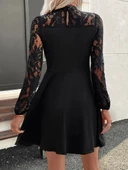 Kadın Uzun Kollu Dantelli Kloş Mini Ithal Krep Elbise thumbnail 6