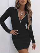 Kadın Uzun Kollu önden Fermuarlı Mini Kaşkorse Elbise thumbnail 1