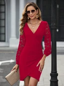 Kadın Uzun Kollu Kruvaze Yaka Beli Düğme Detay Krep Elbise thumbnail 2