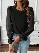 Kadın Uzun Kollu Bisiklet Yaka Tül Detaylı Incili Ithal Krep Bluz thumbnail 2