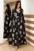 Kadın Uzun Kollu V Yakalı çiçek Desenli Maxi Süprem Elbise thumbnail 8