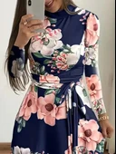 Kadın Uzun Kollu Yuvarlak Yakalı Beli Kuşaklı Desenli Süprem Uzun Elbise thumbnail 2