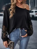 Kadın Uzun Kollu Tek Omuzu Açık Dantelli Viskon Iki Iplik Bluz thumbnail 1